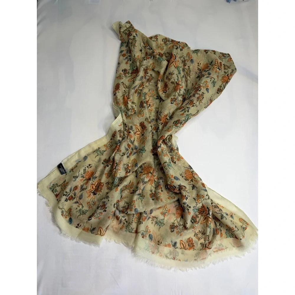Melifluos Floral Scarf Lightweight Viscose Wrap Shawl Cream Orange Teal Boho